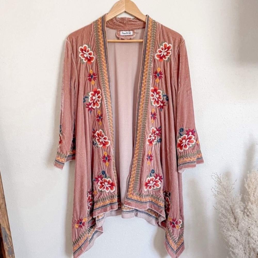 Velvet Dusty Mauve Pink Embroidered Kimono Cardigan